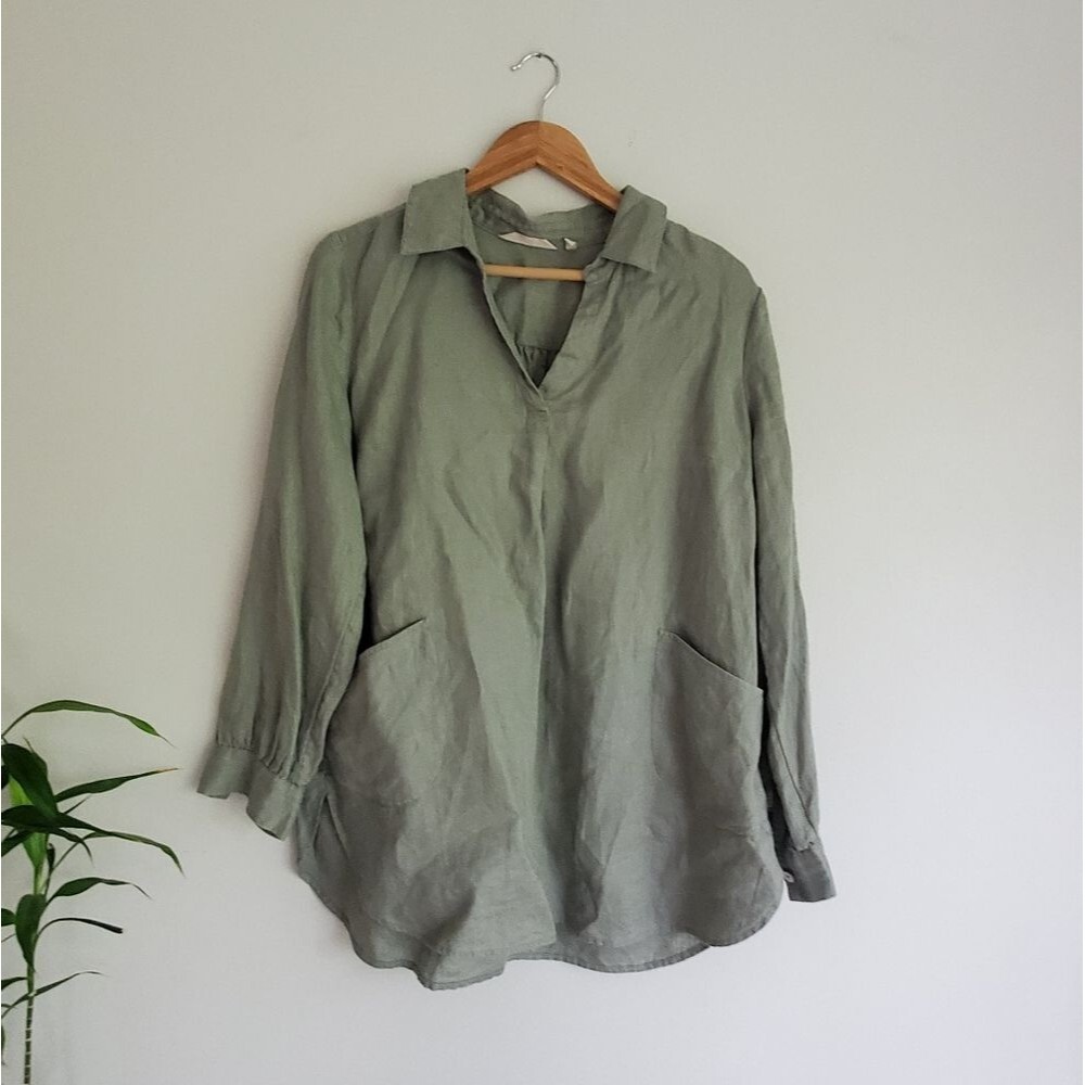 Soft Surroundings 100% Linen Light Green Long-Sleeve Collard Blouse Size Large